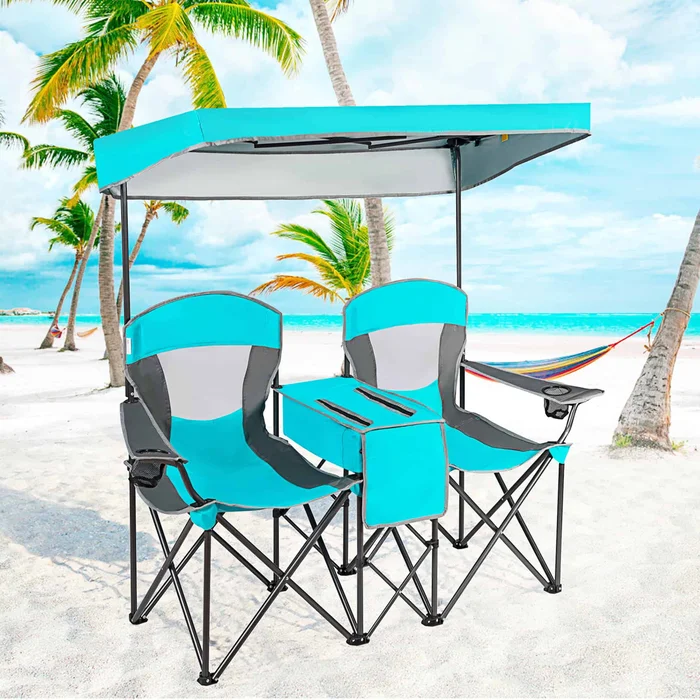 Gymax Folding 2-person Camping Chairs Double Sunshade Chairs w/ Canopy Turquoise, Adult