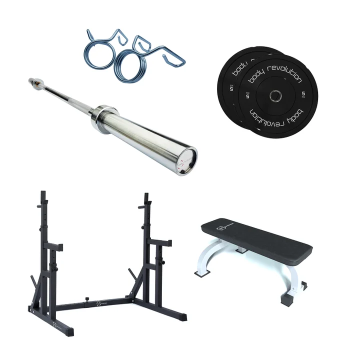 Home Gym Weightliftings Squat Rack Flat Bench 7ft Bar 5kg Pair Blk Bumpers