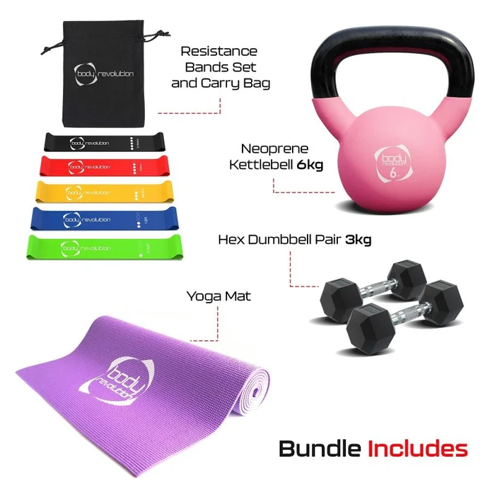 Home Strength Training Yoga Mat Resistance Bands 8kg Dumbbell 12kg Kettlebell