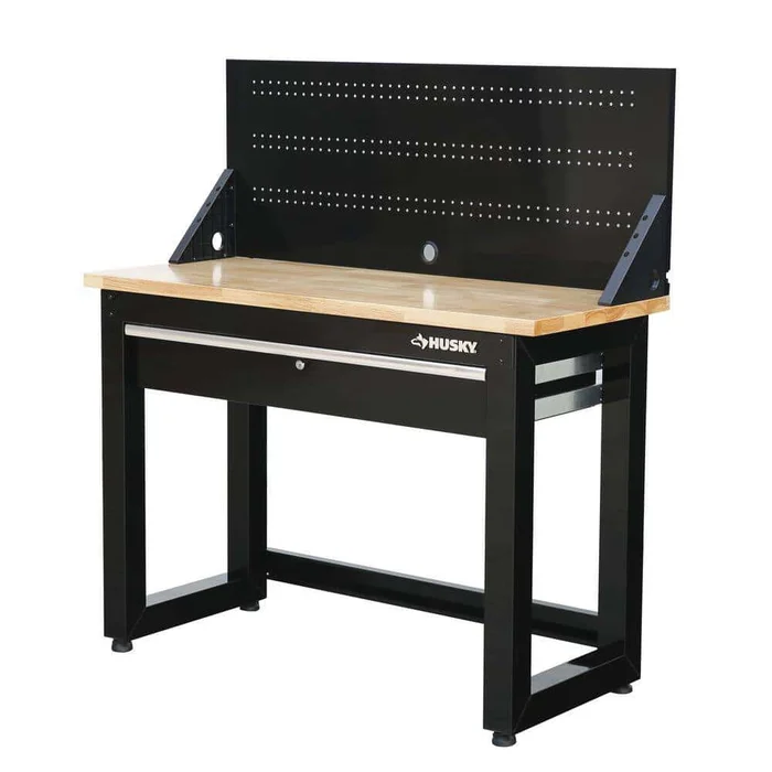 Husky G4801S-US 4 ft. Solid Wood Top Workbench in Black with Pegboard and 1 Drawer