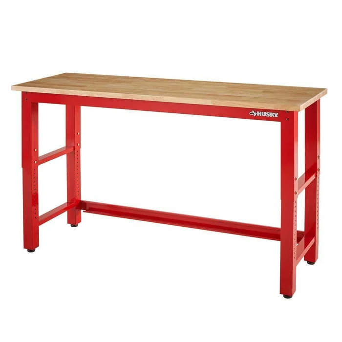 Husky G7200SR-US 6 ft. Adjustable Height Solid Wood Top Workbench in Red for Ready to Assemble Steel Garage Storage System
