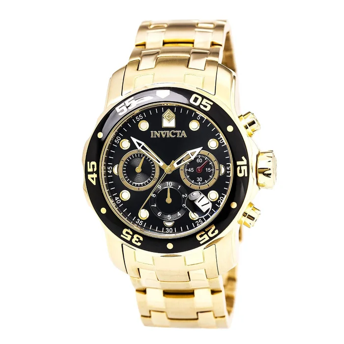 Invicta 0072 Men’s Pro Diver Scuba Black Dial Gold Plated Steel Bracelet Chronograph Dive Watch