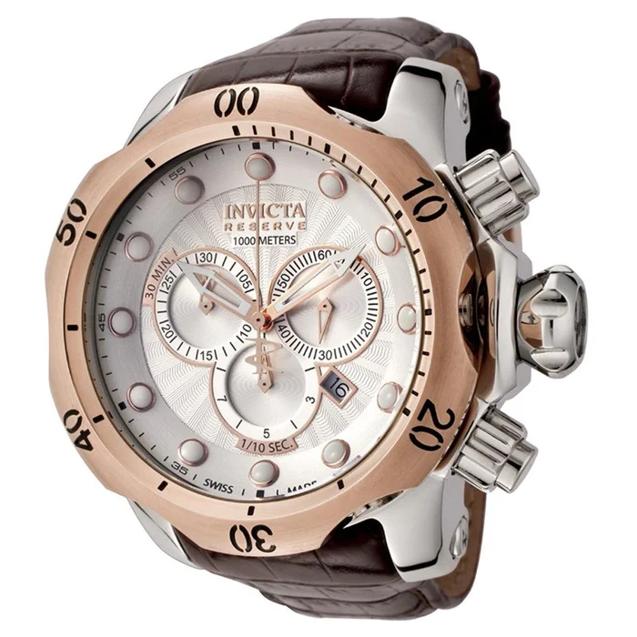 Invicta 0359 Men’s Reserve Venom Brown Leather Strap Silver Dial Chronograph Watch
