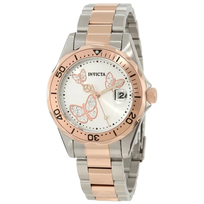 Invicta 12504 Women’s Angel Silver Dial Two Tone Rose Gold Steel Bracelet Dive Watch