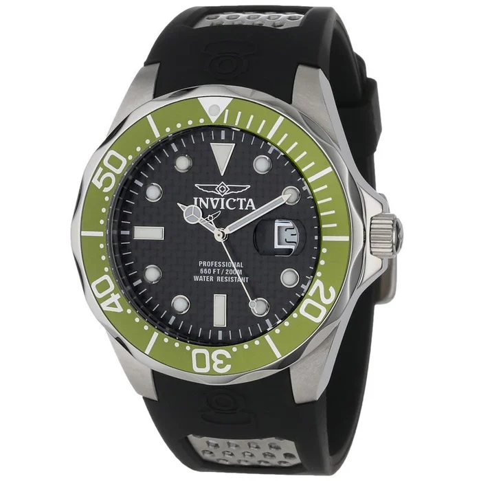 Invicta 12560 Men’s Grand Diver Black Carbon Fiber Dial Green Bezel Rubber Strap Dive Watch