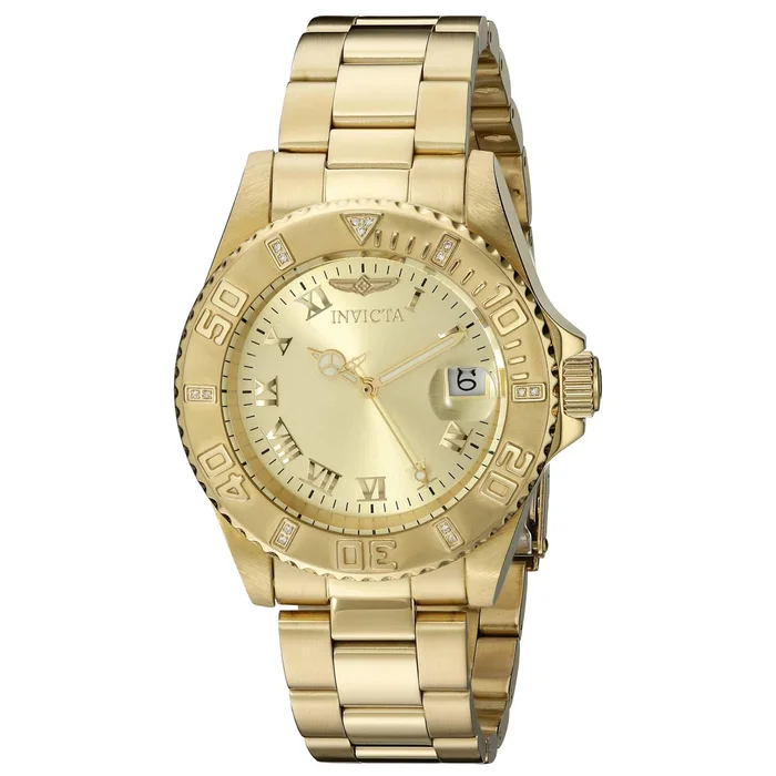 Invicta 12820 Women’s Yellow Steel Bracelet Swiss Quartz Pro Diver Diamond Gold Tone Dial Date Watch