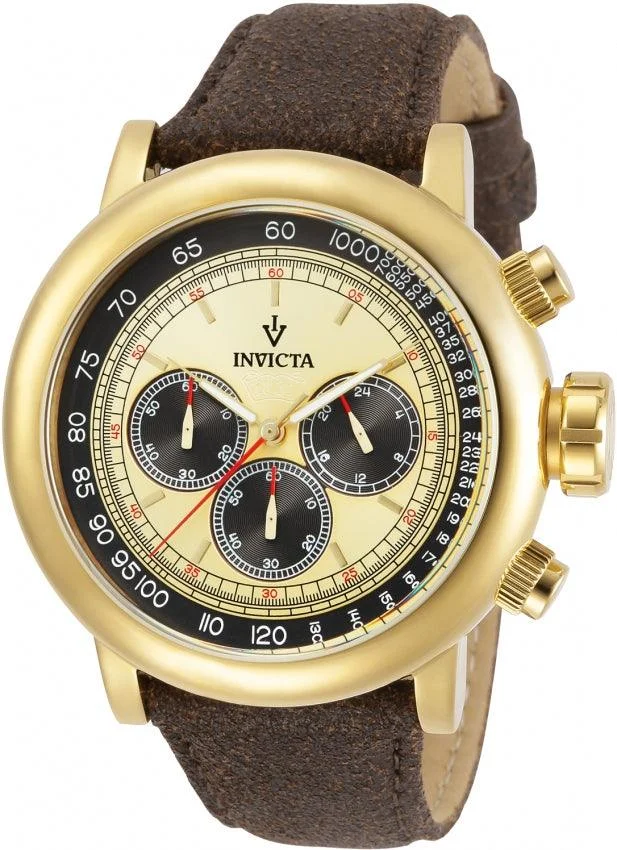 Invicta 13058 Men’s Vintage Gold Dial Brown Leather Strap Chronograph Watch