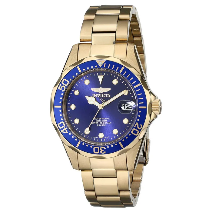 Invicta 17052 Men’s Yellow Steel Bracelet Quartz Pro Diver Blue Dial Date Watch
