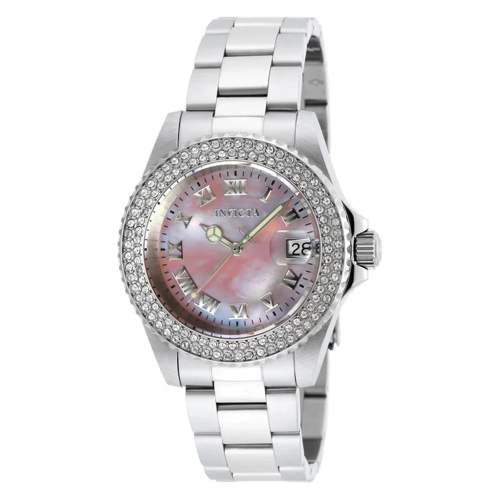 Invicta 19874 Women’s Angel Crystal Accented Bezel Pink MOP Dial Steel Bracelet Dive Watch