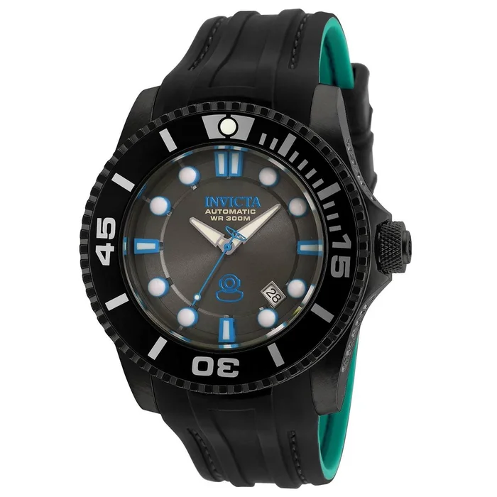 Invicta 20207 Men’s Grand Diver Charcoal Dial Black & Teal Silicone Strap Automatic Dive Watch