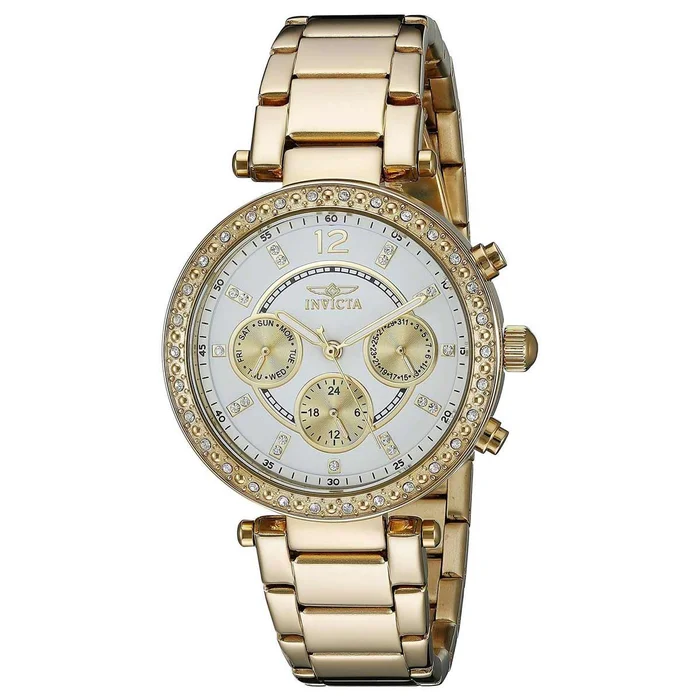 Invicta 21387 Women’s Yellow Steel Bracelet Quartz Angel Crystal White Dial Day-Date Watch