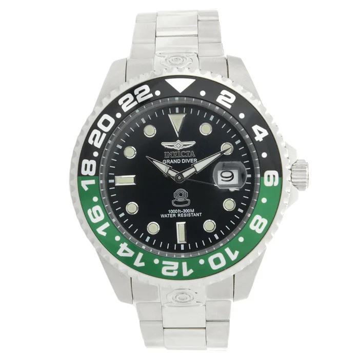 Invicta 21866 Men’s Grand Diver Black & Green Accented Bezel Steel Bracelet Automatic Dive Watch