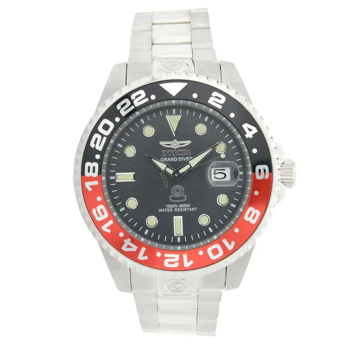 Invicta 21867 Men’s Grand Diver Black & Red Accented Bezel Steel Bracelet Automatic Dive Watch
