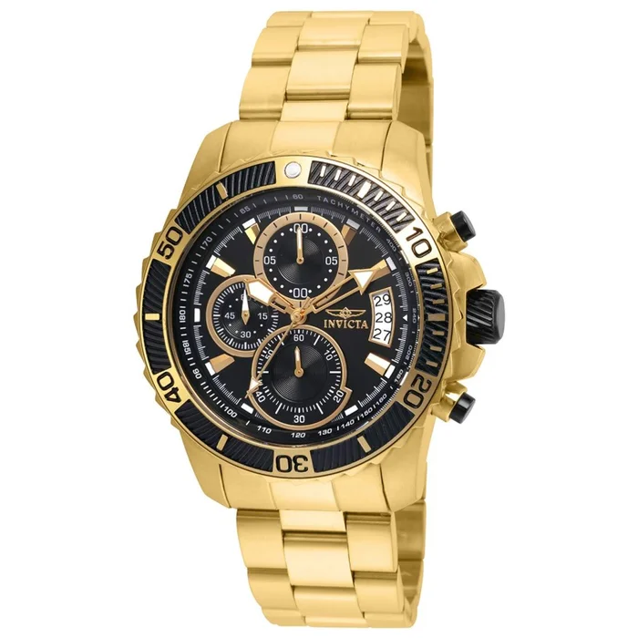 Invicta 22414 Men’s Pro Diver Chronograph Black Dial Yellow Gold Steel Bracelet Watch