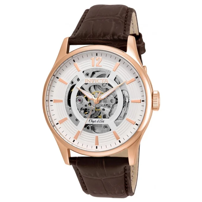 Invicta 22596 Men’s Objet D Art White & Silver Skeleton Dial Brown Leather Strap Automatic Watch