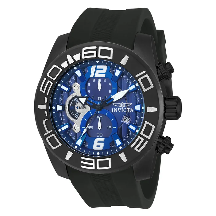 Invicta 22813 Men’s Pro Diver Blue Dial Black IP Steel Black Silicone Strap Chronograph Watch