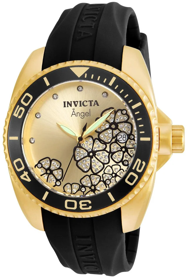 Invicta 23488 Women’s Angel Crystal Accented Gold Dial Black Silicone Strap Watch