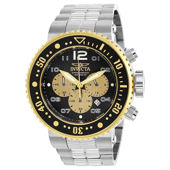 Invicta 25075 Men’s Pro Diver Black & Gold Dial Chronograph Steel Bracelet Dive Watch