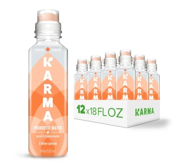 Karma Probiotic Water – 12 Pack, Peach Lemonade Drink – Immune & Gut Health Support