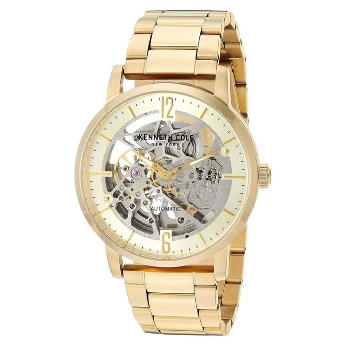 Kenneth Cole Men’s Automatic Watch – Skeleton Dial Yellow Steel Bracelet | KC50054004
