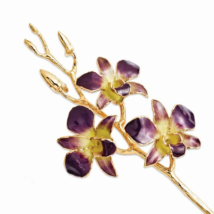 Lacquer Dipped Gold Trimmed Purple/Yellow Dendrobium Orchid Stem