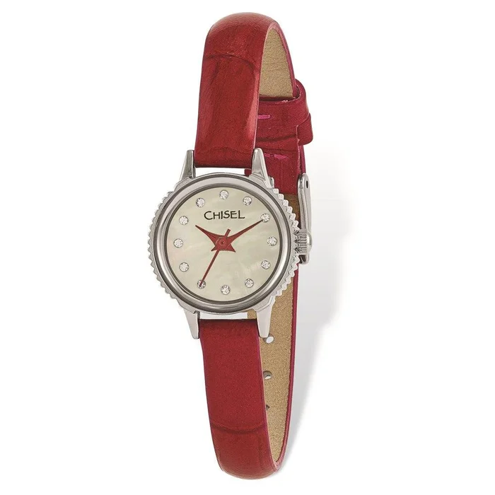 Ladies Chisel Stainless Steel Red Leather Strap Watch