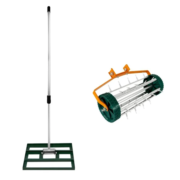 Lawn Leveller & Aerator Manual Grass Roller 3.8cm Spikes 50cm x 32cm Green Levelling Rake Lute Removable Dual Purpose Extendable Handle 1.15 – 1.9m Easy Grip Heavy Duty Steel Aluminium Garden Tool