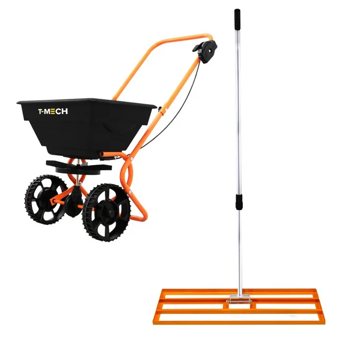 Lawn Leveller & Rotary Spreader Gritter Fertiliser Garden Levelling Rake Lute 100 x 32cm Orange Removable Extendable Handle Salt Grit Sand Seed Rain Cover & Gloves