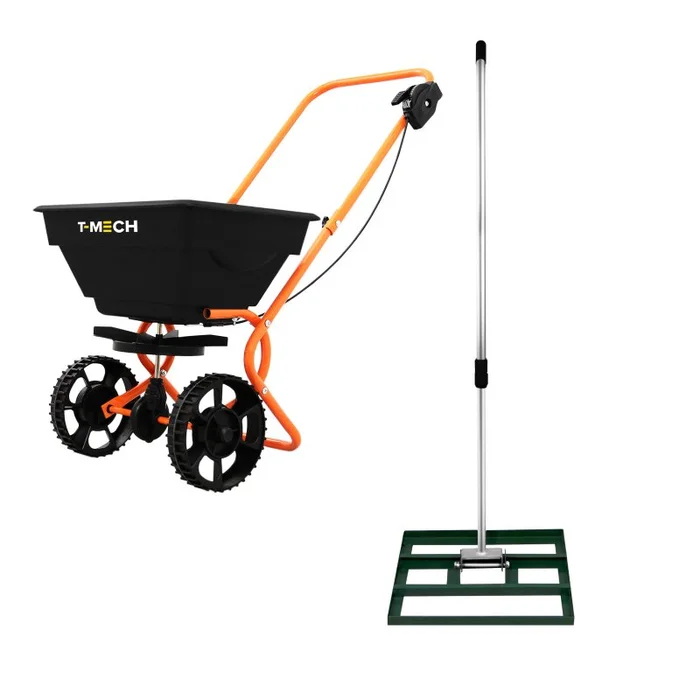 Lawn Leveller & Rotary Spreader Gritter Fertiliser Garden Levelling Rake Lute 50cm x 32cm Green Removable Extendable Handle Salt Grit Sand Seed Rain Cover & Gloves