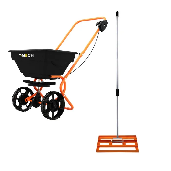 Lawn Leveller & Rotary Spreader Gritter Fertiliser Garden Levelling Rake Lute 50cm x 32cm Orange Removable Extendable Handle Easy Grip Salt Grit Sand Seed Rain Cover & Gloves