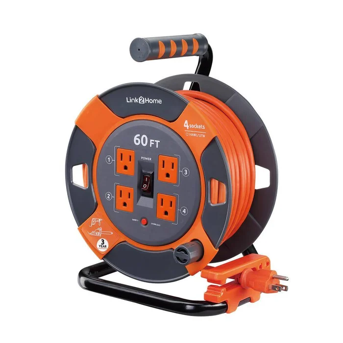 Link2Home EM-EL-600E 60 ft. 14/3 Extension Cord Storage Reel with 4