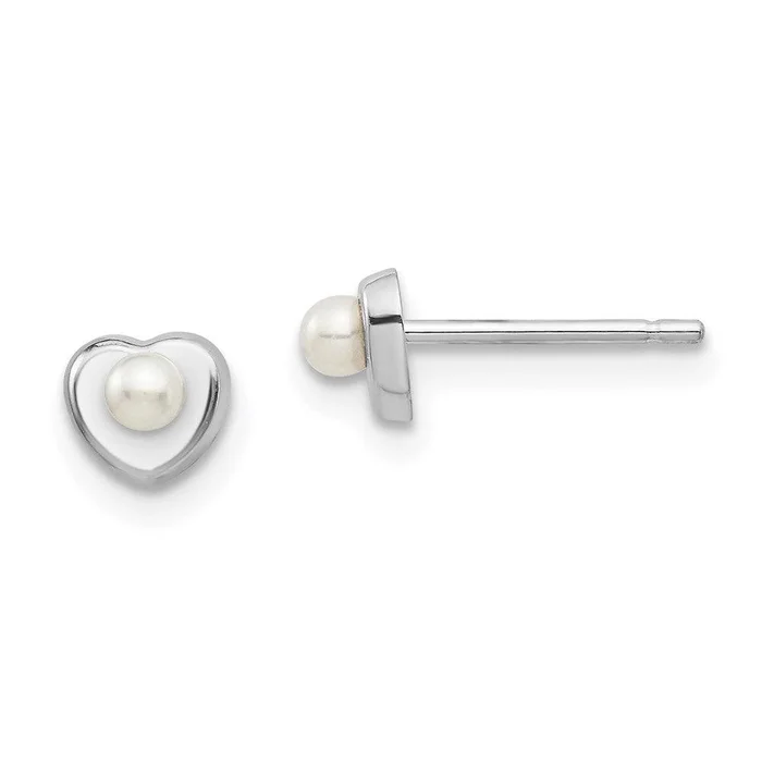 Madi K Kid’s 14kw White Button Freshwater Cultured Pearl Heart Post Earrings