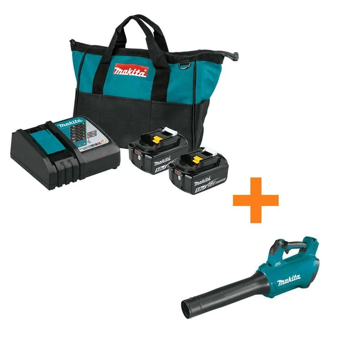 Makita BL1850BDC2XBU03 18V LXT Lithium-Ion Battery and Rapid Optimum Charger Starter Pack (5.0Ah) with bonus 18V LXT Brushless Blower