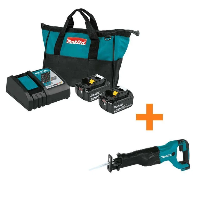 Makita BL1850BDC2XRJ04 18V LXT Lithium-Ion Battery and Rapid Optimum Charger Starter Pack (5.0Ah) with bonus 18V LXT Reciprocating Saw