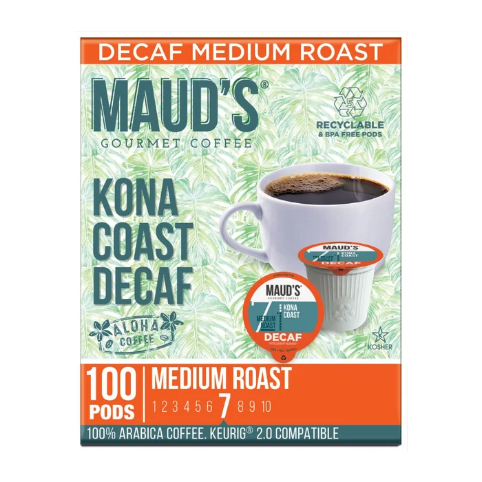 Maud’s Decaf Kona Coffee Pods, 100 ct, Decaffeinated Kona Coast Blend, Arabica Medium Roast Coffee