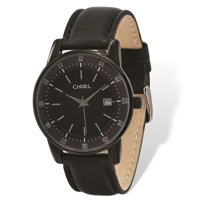 Mens Chisel Black IP-plated Stainless Silver Dial Blk Lthr Watch