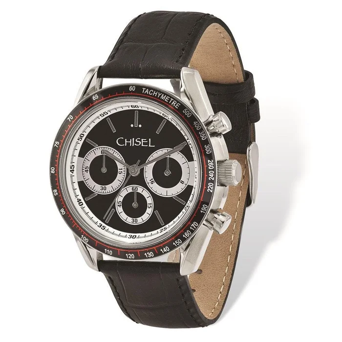 Mens Chisel Stainless Steel Black Leather Chronograph Watch