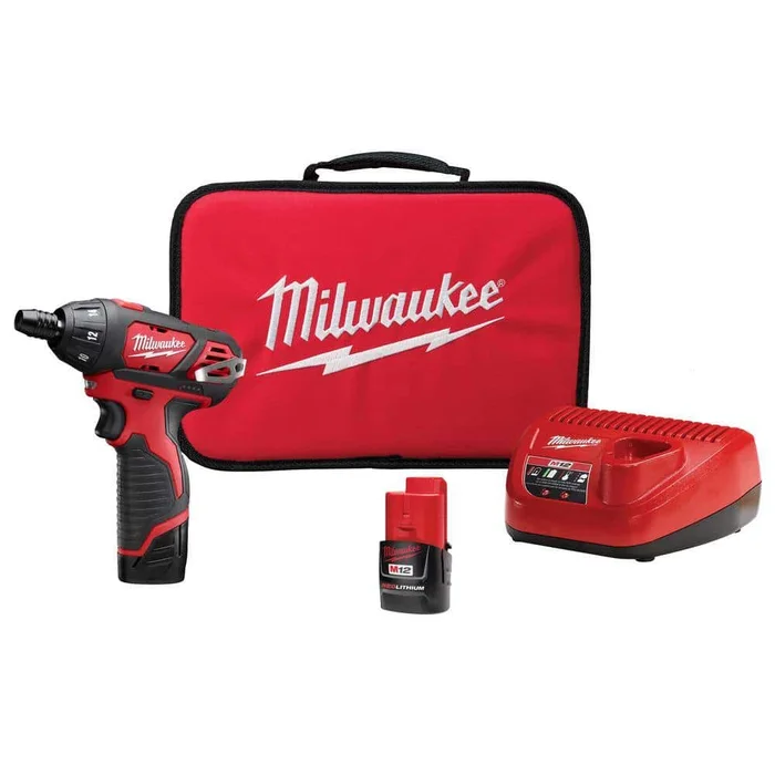 Milwaukee 2401-22 M12 12V Lithium-Ion Cordless 1/4 in. Hex Screwdriver Kit with Two 1.5Ah Batteries, Charger and Tool Bag