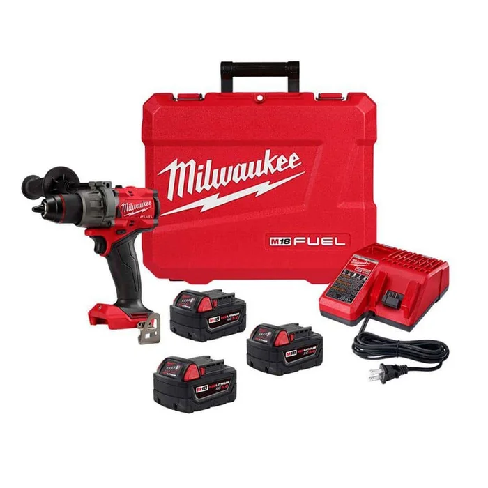 Milwaukee 2904-22-48-11-1850 M18 Fuel 18-V Lithium-Ion Brushless Cordless 1/2 in. Hammer Drill Driver Kit with (3) 5.0 Ah Batteries and Hard Case