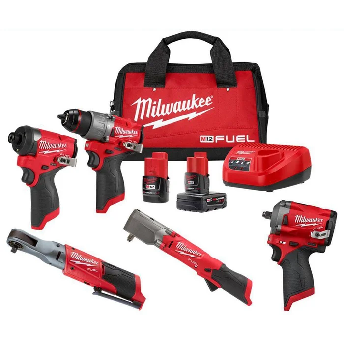 Milwaukee 3497-22-2564-20-2557-20-2554-20 M12 FUEL 12-Volt Li-Ion Brushless Cordless Hammer Drill/Impact Driver/Impact Wrench/Ratchet Combo Kit (5-Tool)