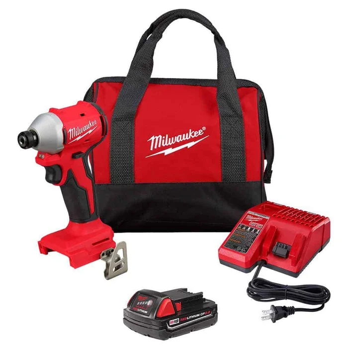 Milwaukee 3650-21P M18 18-Volt Lithium-Ion Compact Brushless Cordless 1/4 in. Impact Driver Kit with One 2.0 Ah Battery, Charger & Tool Bag