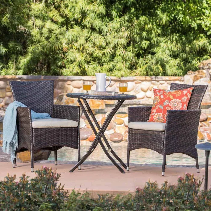 Noble House Malaga Multi-Brown 3-Piece Plastic Round Outdoor Bistro Set with Beige Cushions