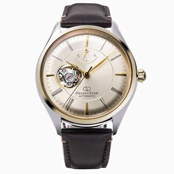 Orient Men’s Automatic Watch – Star Open Heart Champagne Dial Strap | RA-AT0201G00B