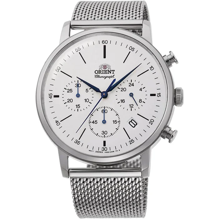 Orient Men’s Chronograph Watch – Classic White Dial SS Mesh Bracelet | RA-KV0402S10B