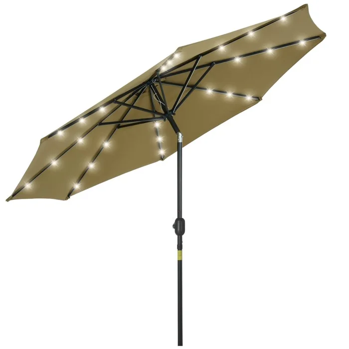 Outsunny 2.7m Patio Garden Umbrella Outdoor Parasol Outdoor Market Table Umbrella with Tilt Crank and 24 LEDs Lights (Brown)