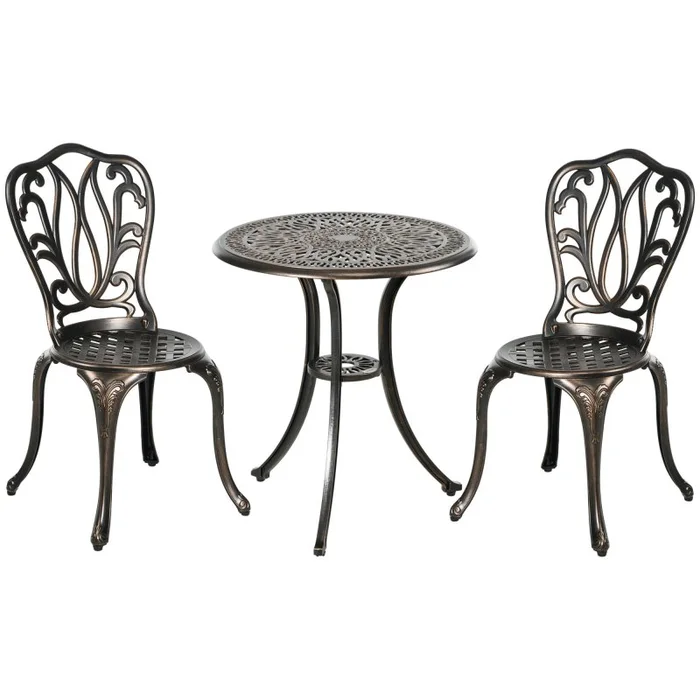 Outsunny 3 Piece Garden Bistro Set, Cast Aluminium Outdoor Furniture Set with Umbrella Hole for Balcony, Porch, Patio, Bronze Tone