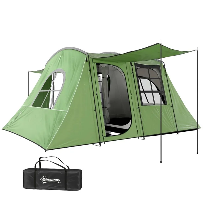 Outsunny 4 Man Tunnel Tent, Family Camping Tent with Porch, Bedroom and Living Area, Sewn in Groundsheet, 3000mm Waterproof, Portable with Bag for Hiking, Festival, Backpacking, Green