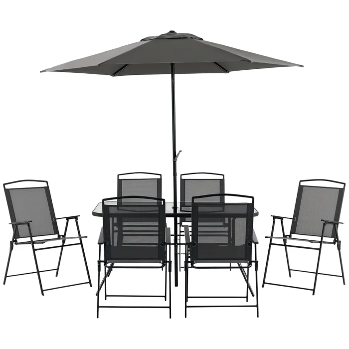 Outsunny 8 Pieces Metal Garden Furniture Set with Parasol and Folding Chairs, Garden Dining Set, 6 Seater Outdoor Table and Chairs with Tempered Glass Top, Black