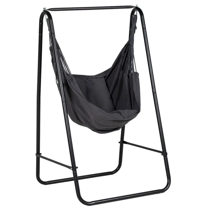 Outsunny Patio Hammock Chair with Stand, Outdoor Hammock Swing Hanging Rope Chair with Cushion, Armrest, Hooks, Dark Grey