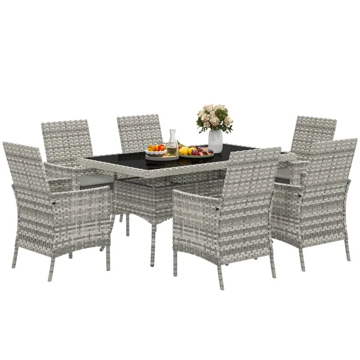 Outsunny Rattan Garden Furniture Set, 6 Seater Outdoor Dining Table and Chairs with Cushions, 150 x 90cm Rectangular Tempered Glass Table, 6 Armchairs, for Terrace, Conservatory, Balcony, Mixed-Grey